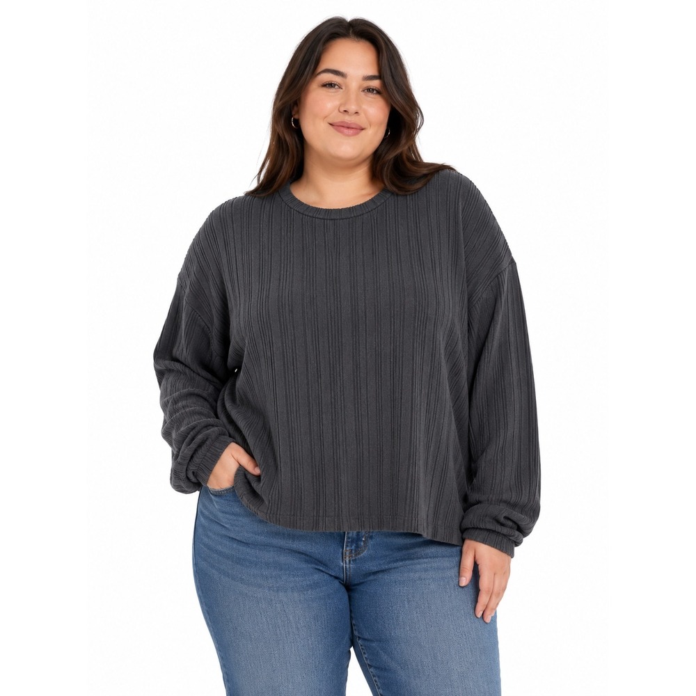 SHEIN Curve Ribbed Knit Long Sleeve Top Charcoal Grey Oversized Crew Neck 2XL